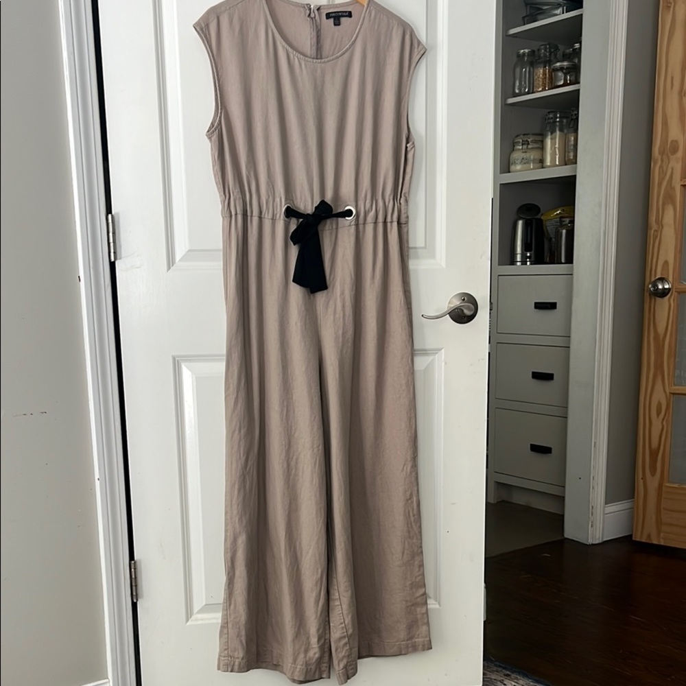 Tan Linen wide leg Cropped Jumpsuit with Black Tie at waist sz Large